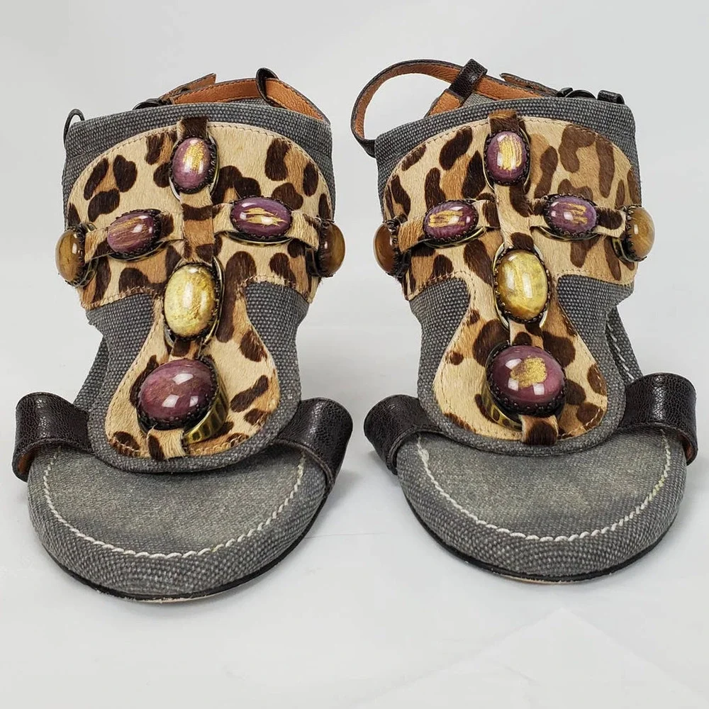 Bacio 61 Italian Leather Sling Back Sandals Size 9 Jewel Top Leopard Stack Heel